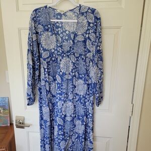 Boden Sarah Maxi Kaftan Dress, Surf the Web, Blue and White Floral Long Sleeve